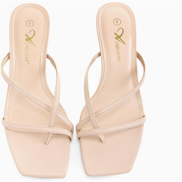 Athlefit Women's Nude Polyurethane Square Open Toe Kitten Heels Thong Sandals - Picture 4 of 6
